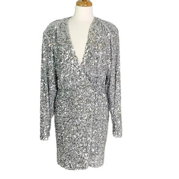 ROTATE BIRGER CHRISTENSEN Samantha Sequined Stretch Mini Wrap Dress Silver 4 - Picture 7 of 13
